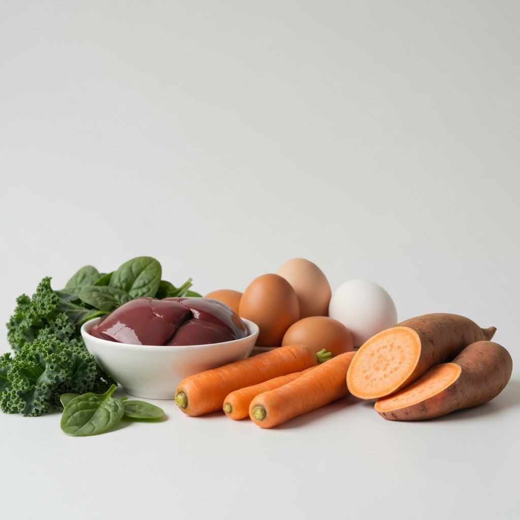 Collection of vitamin A-rich foods including liver, carrots, and leafy greens
